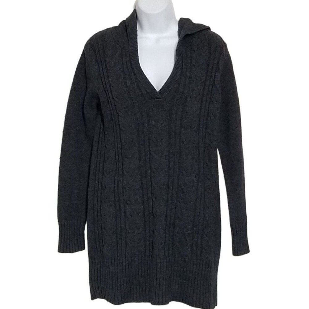 Hoodie Sweater Womens M Lamb Blend Long Sleeve Slub Cable Knit Charcoal - Picture 3 of 14